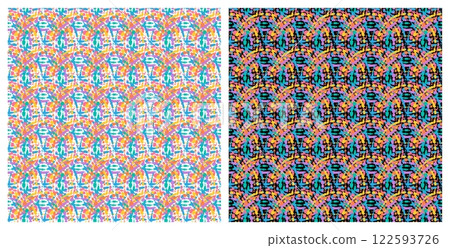 Seamless pattern with multi colored circular blots and dots, united into rings. Abstract ornament for printing on fabrics and gift paper. Vector on white and black background Seamless pattern with multi colored circular blots and dots, united into rings. Abstract ornament for printing on fabrics and gift paper. Vector on white and black background 122593726