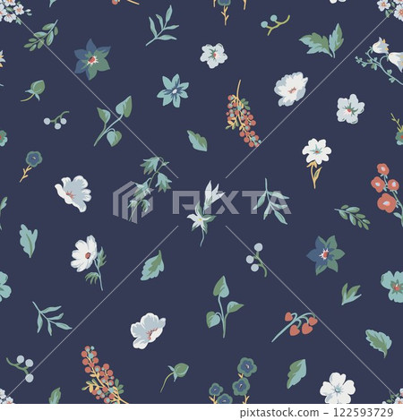 Lovely hand-drawn colorful flowers in a seamless pattern, featuring a cute floral design that is great for textiles, wallpapers, and wrapping. Diverse small flowers in a Liberty pattern. 122593729