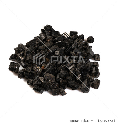 Natural Tourmaline Crystals Displaying Varied Textures and Colors on White Background 122593781