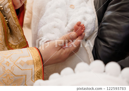 Religious Ceremony with Infant Blessing in Traditional Attire 122593783