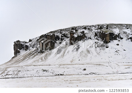 Landscape view of snow covered mountains in Iceland. Nature, travel, winter background, or wallpaper Landscape view of snow covered mountains in Iceland. Nature, travel, winter background, or wallpaper 122593853