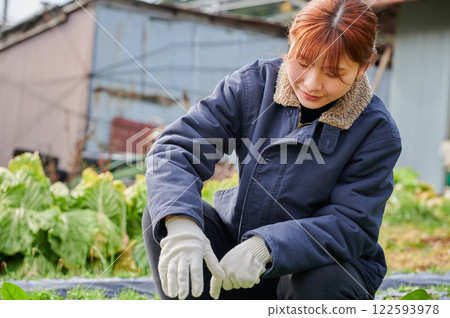 Woman working in the fields, country life, home garden 122593978