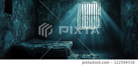 Dimly lit abandoned prison cell with sunlight streaming through bars onto a weathered bed in a dark, gloomy environment 122594316