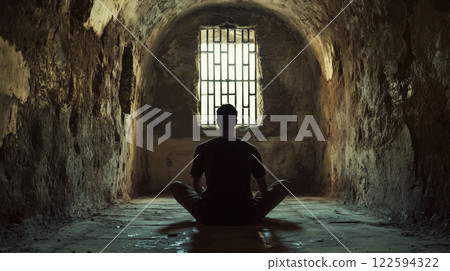 Silhouette of a man meditating in dark ancient stone room with arched ceiling and illuminated window bars 122594322