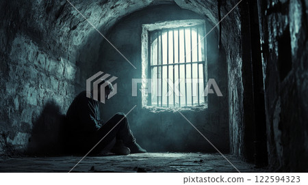 Solitary man in dimly lit ancient stone prison cell with bars casting shadows through window on cold rough floor 122594323