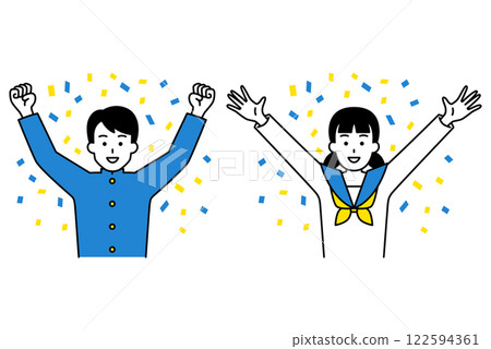 Set of male and female students cheering in joy amid confetti 122594361