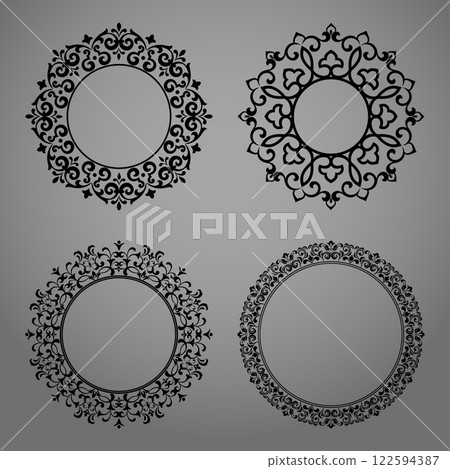 Set of decorative frames Elegant vector element for design in Eastern style, place for text. Floral black and gray borders. Lace illustration for invitations and greeting cards 122594387