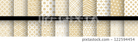 Geometric floral set of seamless patterns. White and golden vector backgrounds. Damask graphic ornaments 122594454