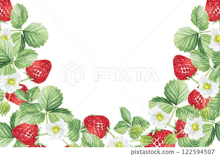 Watercolor frame of white flowers and strawberries. Beautiful frame with strawberry flowers, strawberries, leaves, hand drawn 122594507
