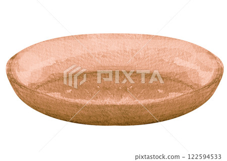 Round brown plate, watercolor illustration, hand drawn. Clay or wooden bowl 122594533