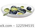 Olive berries in a wooden bowl, olive branches with berries and leaves, watercolor illustration.Hand drawn watercolor clipart of olive berries in a plate 122594535