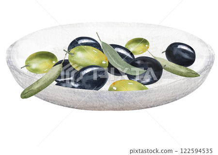 Olive berries in a wooden bowl, olive branches with berries and leaves, watercolor illustration.Hand drawn watercolor clipart of olive berries in a plate Olive berries in a wooden bowl, olive branches with berries and leaves, watercolor illustration.Hand drawn watercolor clipart of olive berries in a plate 122594535
