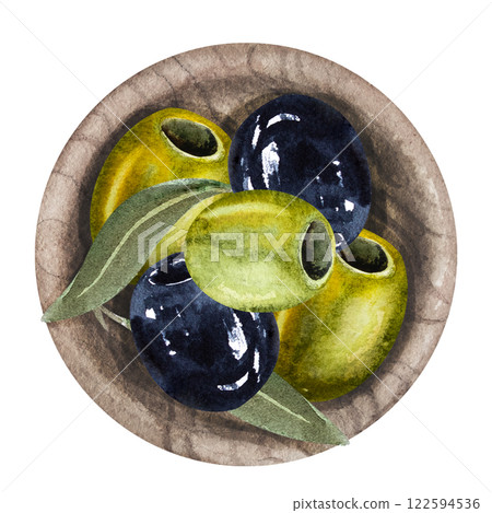 Olive berries in a wooden bowl, olive branches with berries and leaves, watercolor illustration, top view. Hand drawn watercolor clipart of olive berries in a plate Olive berries in a wooden bowl, olive branches with berries and leaves, watercolor illustration, top view. Hand drawn watercolor clipart of olive berries in a plate 122594536