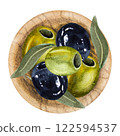 Olive berries in a wooden bowl, olive branches with berries and leaves, watercolor illustration, top view. Hand drawn watercolor clipart of olive berries in a plate 122594537