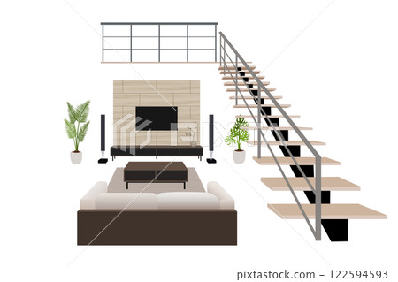 Stylish living room with sofa, stairs and TV 122594593