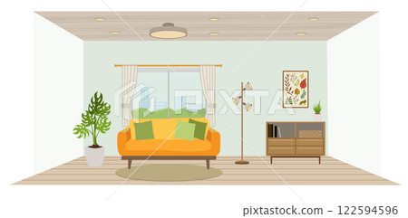 Stylish living room with sofa and cabinets 122594596
