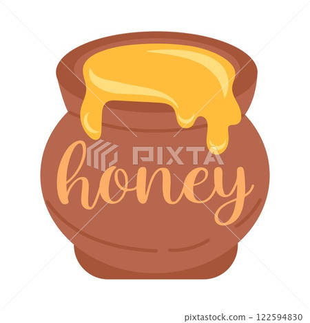 Honey Jar. Honey pot with golden dripping honey. Sweet and natural food illustration. Traditional organic product for beekeeping and eco-friendly lifestyle. Rustic and vintage style honey jar. 122594830