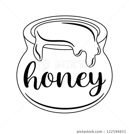 Honey Jar. Honey pot with dripping honey. Black and white outline. Sweet and natural food illustration. Traditional organic product for beekeeping and eco-friendly lifestyle. 122594831