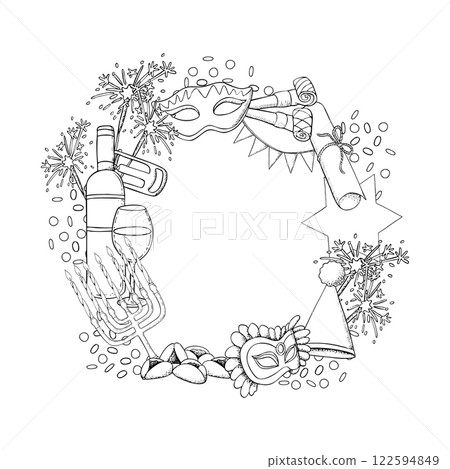 Happy Purim symbols round frame template with copy space black and white vector illustration in line style. Jewish holiday menorah, Torah megillah with mask, raashan, sparkler and cookies for coloring 122594849