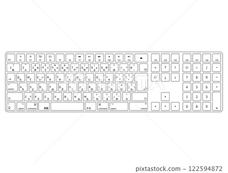 一張從正上方拍攝的白色日式JIS佈局鍵盤的插圖。 一張從正上方拍攝的白色日式JIS佈局鍵盤的插圖。 122594872