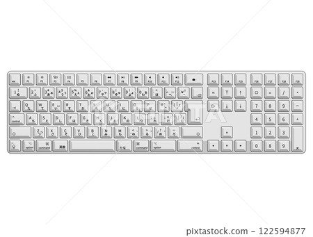 An illustration showing a gray Japanese JIS layout keyboard viewed from directly above. An illustration showing a gray Japanese JIS layout keyboard viewed from directly above. 122594877