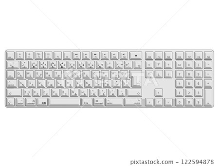 An illustration showing a white Japanese JIS layout keyboard viewed from directly above. An illustration showing a white Japanese JIS layout keyboard viewed from directly above. 122594878