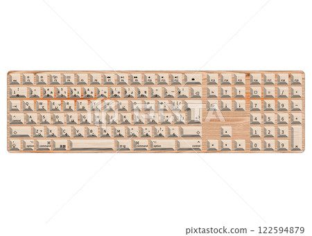 An illustration showing a wood-grain design Japanese JIS layout keyboard viewed from directly above. An illustration showing a wood-grain design Japanese JIS layout keyboard viewed from directly above. 122594879