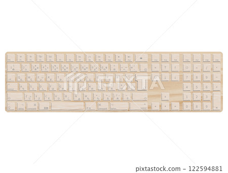 An illustration showing a wood-grain design Japanese JIS layout keyboard viewed from directly above. An illustration showing a wood-grain design Japanese JIS layout keyboard viewed from directly above. 122594881