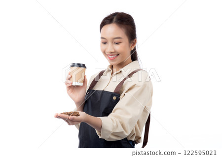 Portrait young asian barista woman wearing apron holding beans coffee and coffee cup isolated. Portrait young asian barista woman wearing apron holding beans coffee and coffee cup isolated. 122595021