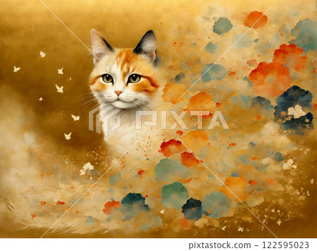 Japanese style watercolor painting gold ground cat Japanese style watercolor painting gold ground cat 122595023