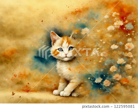 Japanese style watercolor painting gold ground cat 122595081