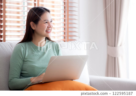 Portrait young asian business woman sitting on sofa using laptop computer in living room at home. Portrait young asian business woman sitting on sofa using laptop computer in living room at home. 122595187