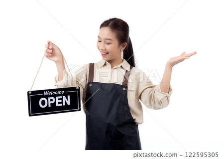 Portrait young asian barista woman wearing apron holding open sign for inviting customer to enter. Portrait young asian barista woman wearing apron holding open sign for inviting customer to enter. 122595305