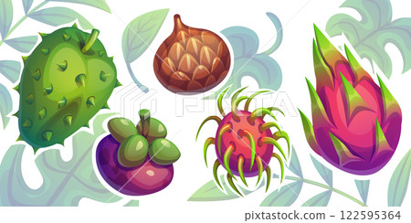 Dragon fruit and green leaves on white Dragon fruit and green leaves on white 122595364