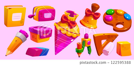 School supply cartoon set with celebratory cone School supply cartoon set with celebratory cone 122595388