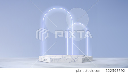 Hexagonal marble podium with glass morphism decor 122595392