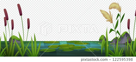 Cartoon wetland border with lily pads 122595398