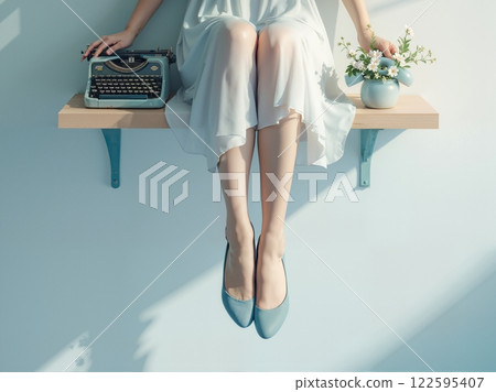 A woman in a light blue dress sits on a shelf 122595407