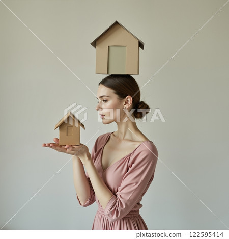 A woman balances a house on her head, 122595414