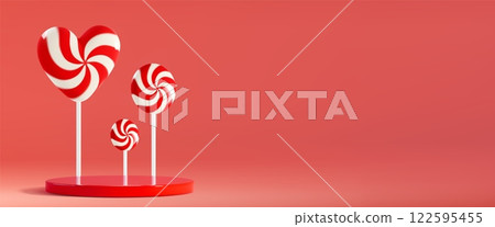 3D candy podium decorated with spiral lollipops 122595455