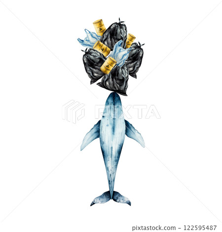 Blue whale carries a mountain of garbage. Bags filled with trash, rusty oil barrels. Watercolor hand drawn illustration isolated on background. For designers, postcards, greetings, birthday, calendar 122595487