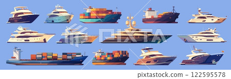 yachts cartoon set. sea cargo ship, yacht motor luxury boat industry delivery import export logistics transportation cruise travel vacation vector illustration 122595578