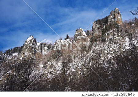 Hokkaido National Route 273 in the harsh winter: View of the rocky peaks from the general national highway in Sounkyo Hokkaido National Route 273 in the harsh winter: View of the rocky peaks from the general national highway in Sounkyo 122595649