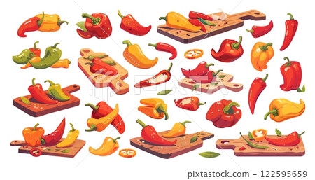 peppers set cartoon. red yellow green sweet hot chili pepper on wooden board, fresh vegetable food vitamins cooking spice taste vector illustration 122595659