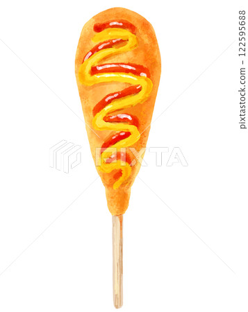 A simple illustration of a corn dog seen from directly above (ketchup and mustard) A simple illustration of a corn dog seen from directly above (ketchup and mustard) 122595688