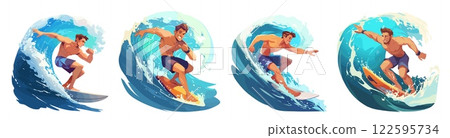 man surfer cartoon set. guy in blue shorts surfing, big wave ocean surf summer extreme water sport active recreation vacation hobby vector illustration 122595734