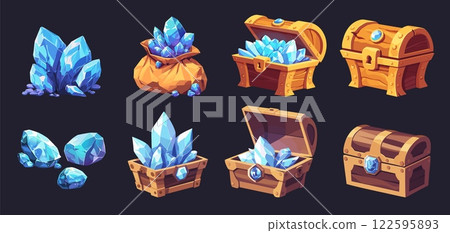 chests cartoon. wooden chest with diamonds set, diamond blue dragon gem treasure hoard stone bag game vector illustration 122595893