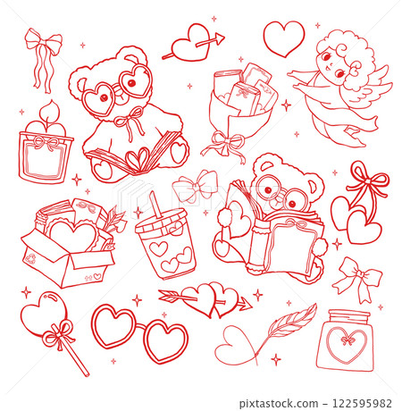Retro Valentine Bookish Teddy Read Book with Wavy Squiggle Outline in Hand Drawn Style 122595982