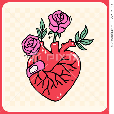 Retro Valentine Heart Organ with rose flower Nostalgic Illustration Wavy Hand Drawn Vibrant and Bold Style Retro Valentine Heart Organ with rose flower Nostalgic Illustration Wavy Hand Drawn Vibrant and Bold Style 122595983