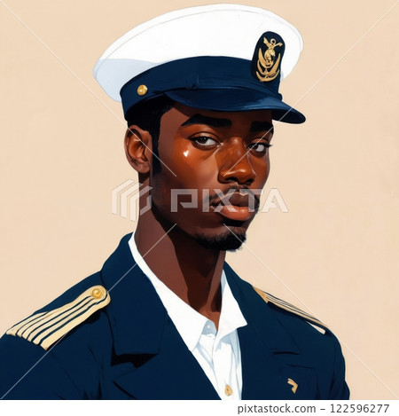 Portrait of a black man in a sailor uniform showcasing pride and professionalism, standing against a neutral background during bright daylight hours in a maritime setting 122596277